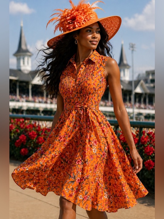 Nanette Lepore Dresses & Skirts - 🍊 Nanette Lepore Orange Floral Pintuck Midi Dress Kentucky Derby– Size 10
